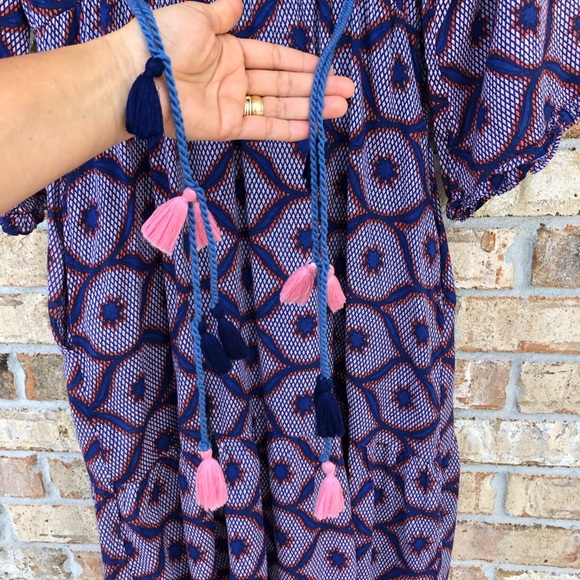 Banjanan Cotton Blue Red Pink V Neckl Pockets Lined Maxi Dress L More Like S/M - Picture 3 of 16